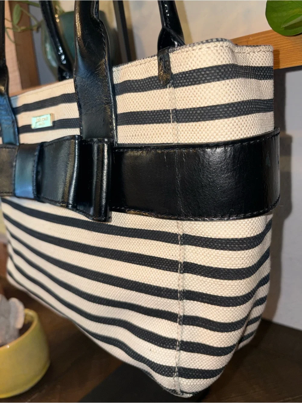 Kate Spade Quinn Villabella Black Cream Striped Canvas Bow Tote